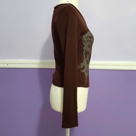 Brown Fitted Floral Bling & Angel Wings Biker Emo Long Sleeve Crop Top - Picture 4 of 7